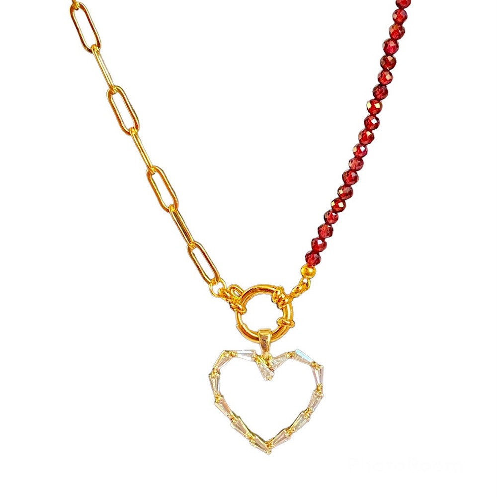 Paperclip chain Garnet Necklace Gold half and half choker front pendant heart